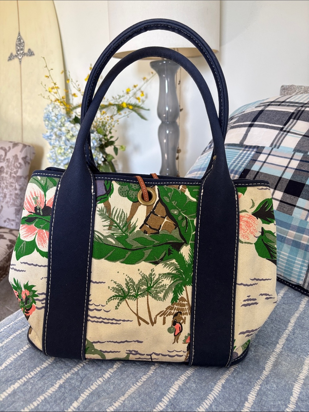 J.Crew ~ Canvas Tropical Print Tote Bag with Navy Accents